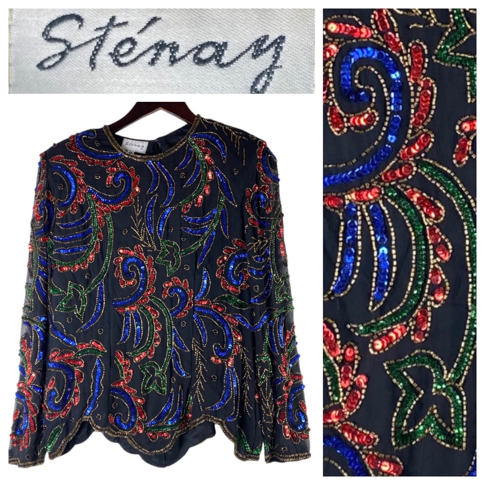 Vtg Stenay Sz Medium Shirt Top Jacket Beaded Sequin Silk Black Evening Cocktail